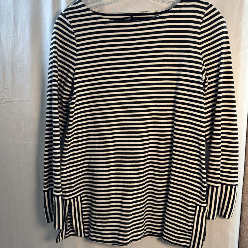 Talbots Women’s Small Black White Stripe Long Sleeve Boat Neck Blouse